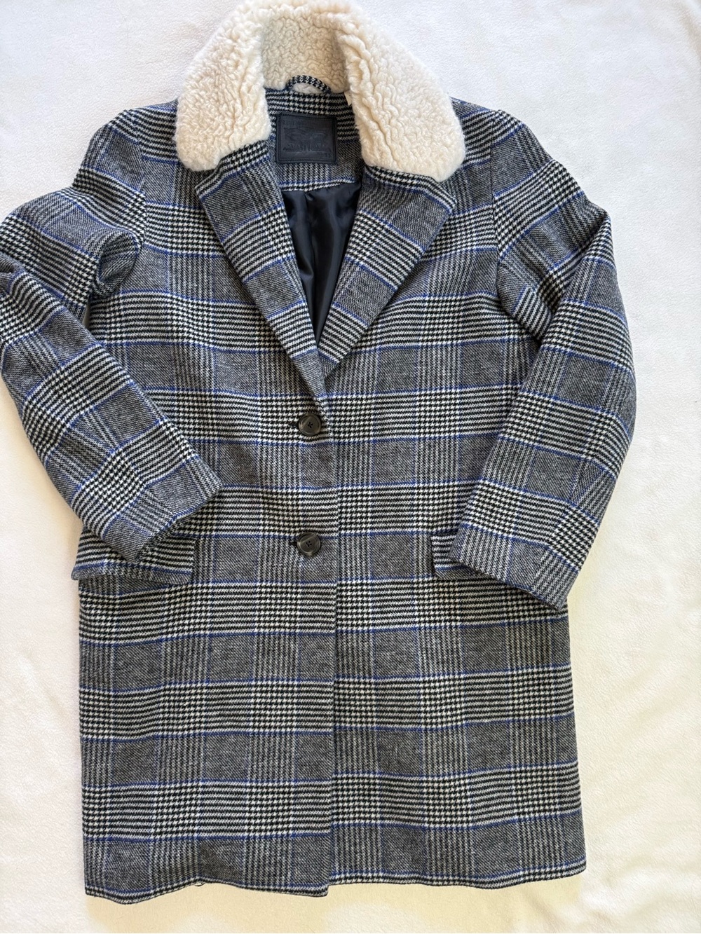 Levi's Amaya Wool Gray Plaid Pea Coat with Cream Sherpa Collar